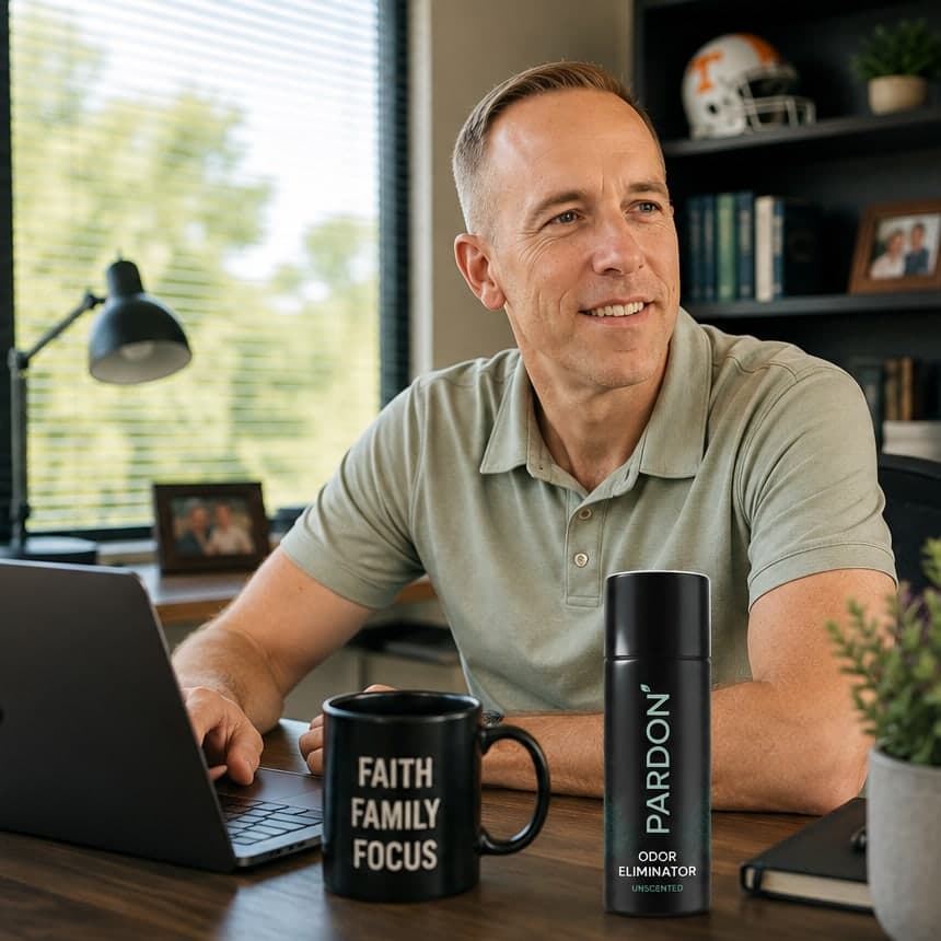A man smiling at his desk, a bottle of Pardon beside his laptop and coffee mug