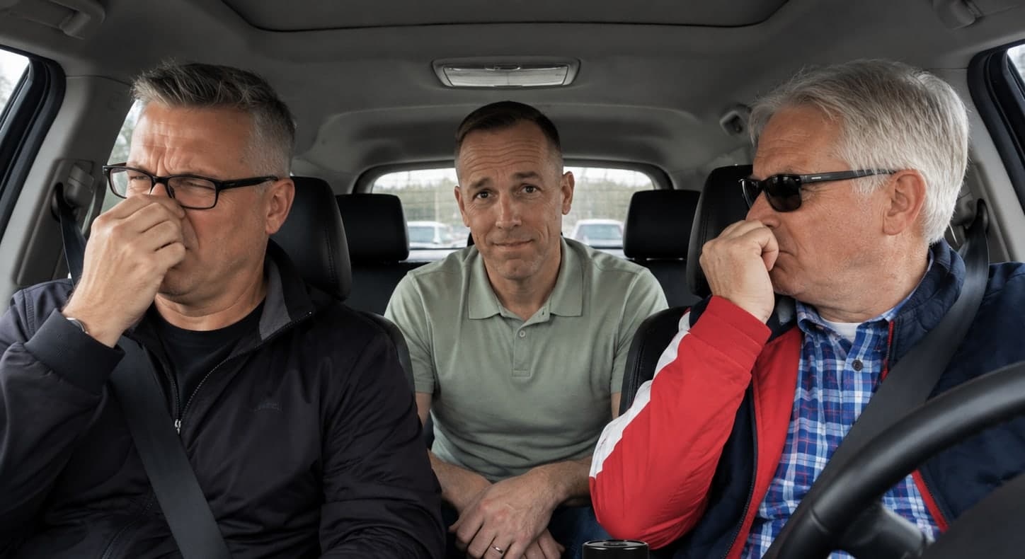 Three friends riding together in a car, two pinching their noses while the man in the middle looks unbothered
