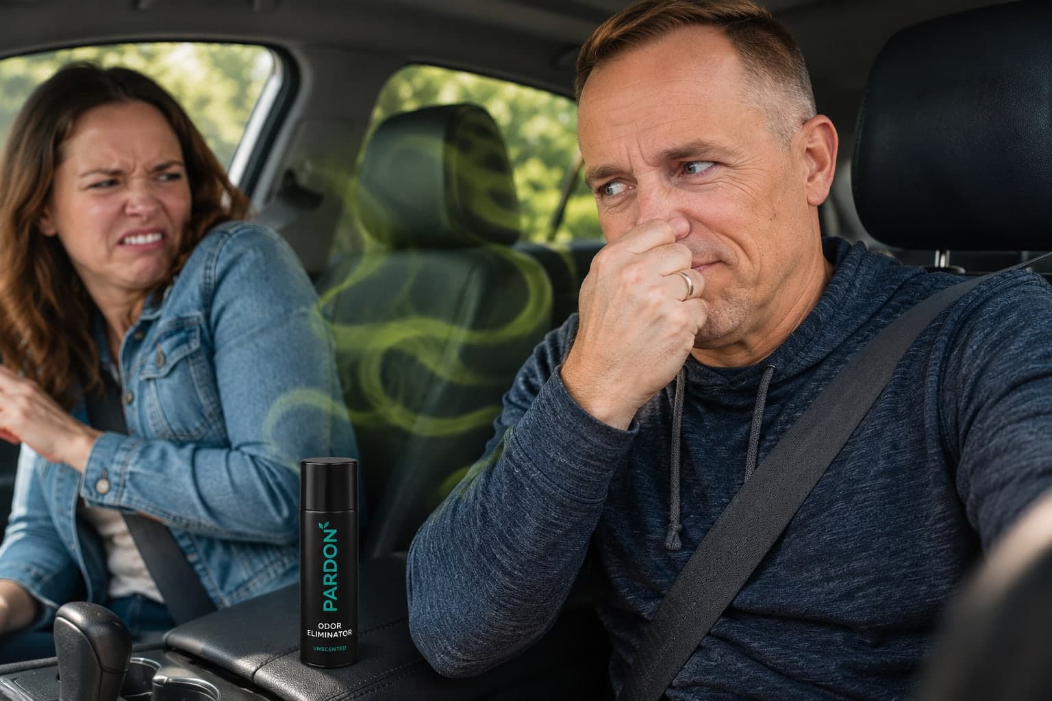 A couple in a car, the woman recoiling and the man pinching his nose