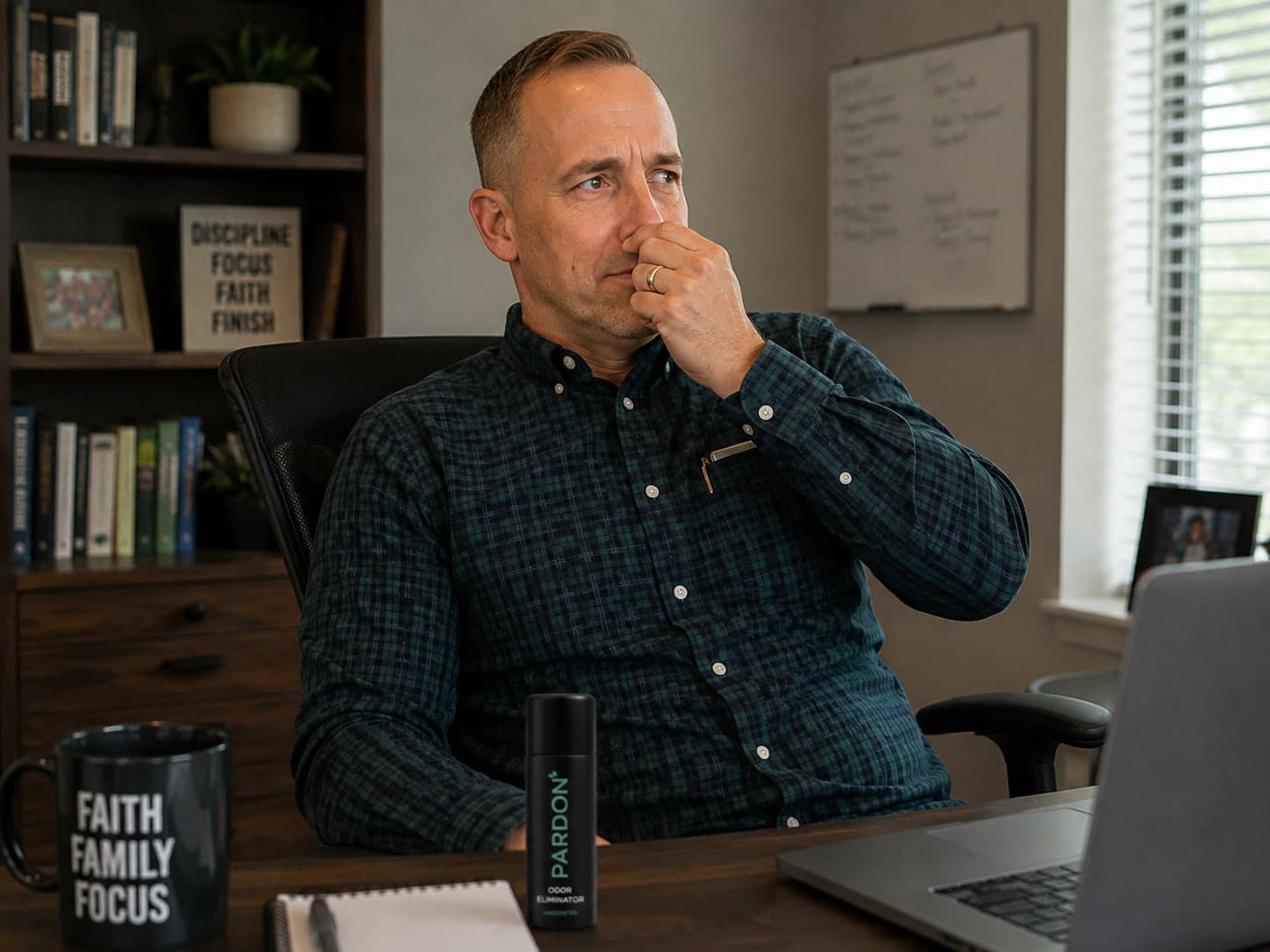 Man at his office desk pinching his nose, a bottle of Pardon sitting beside his laptop