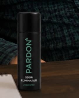 Close-up of the Pardon bottle on a desk